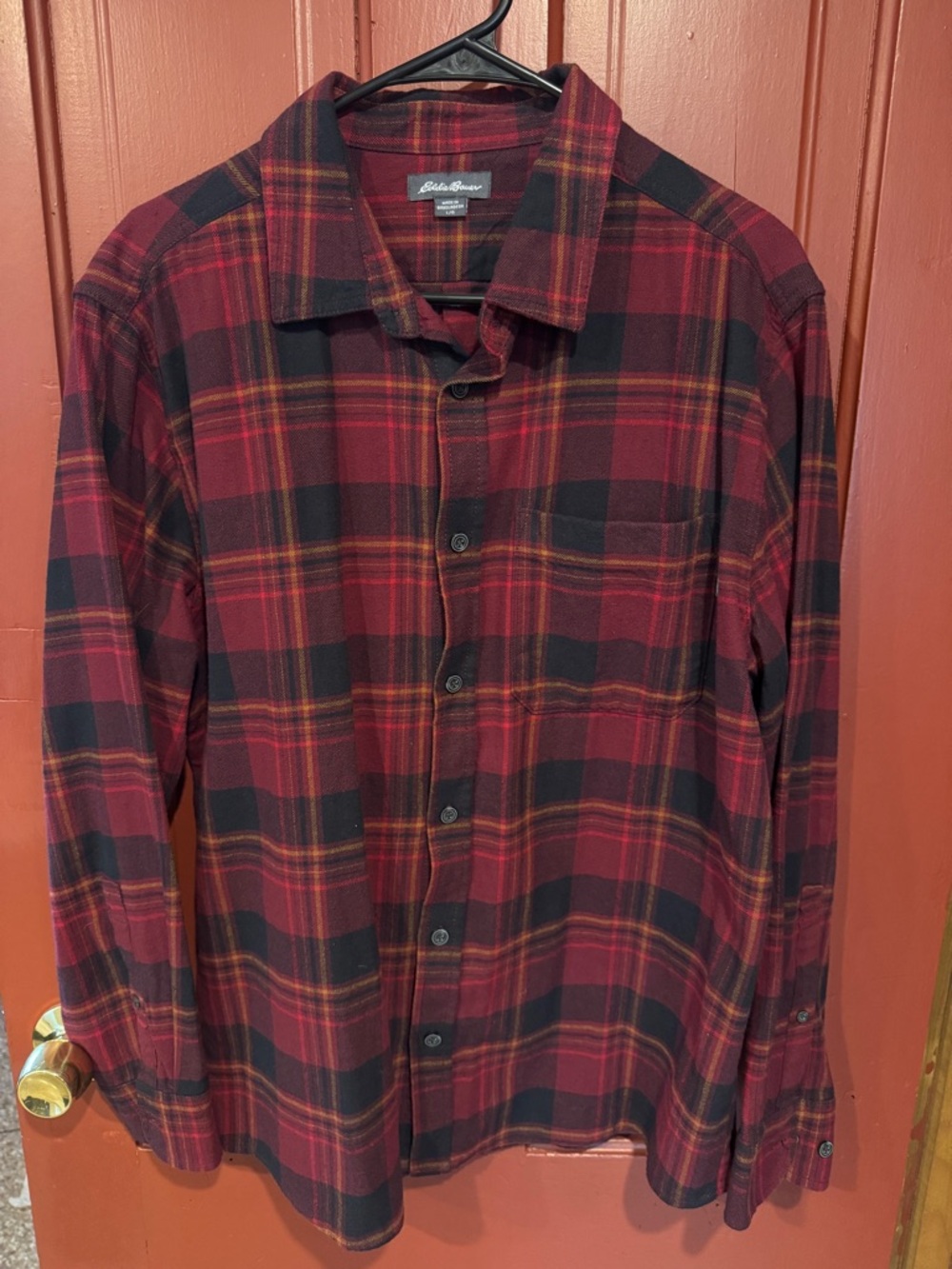 Eddie Bauer Men's Red and Black Plaid Button-Down Shirt